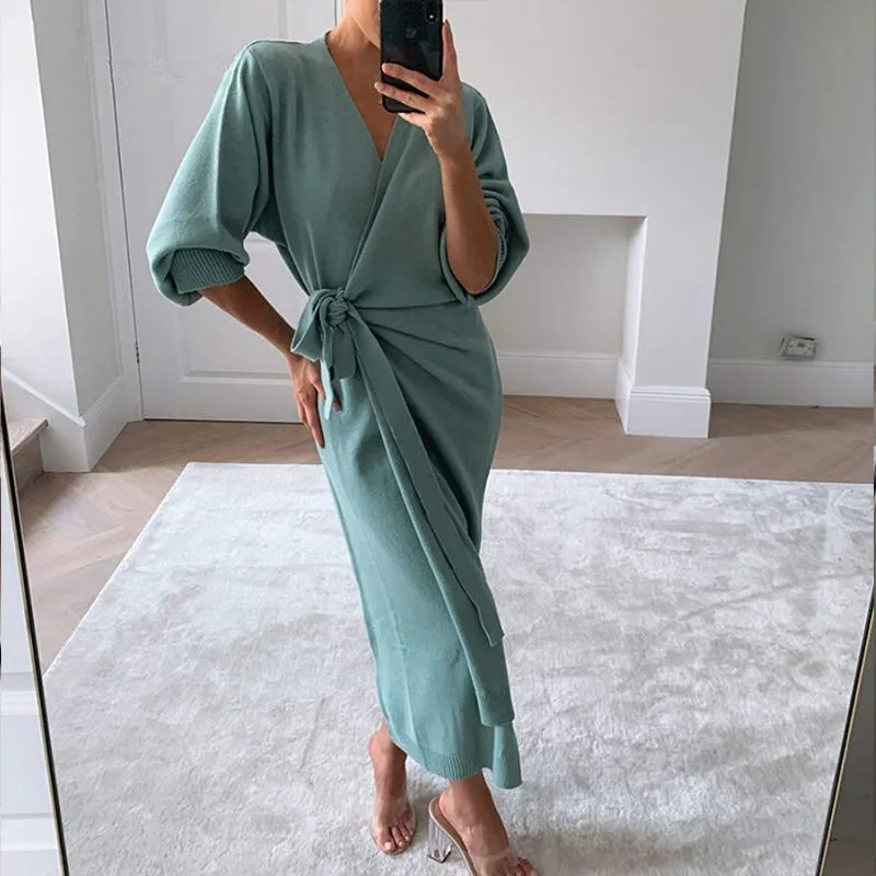 Comfy Casual Knit V-Neck Wrap Dress