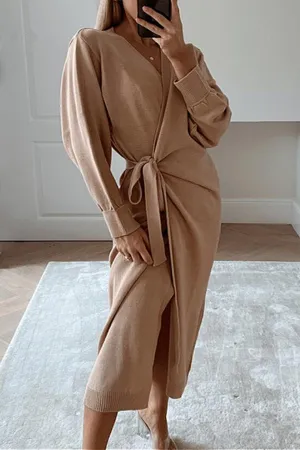 Comfy Casual Knit V-Neck Wrap Dress