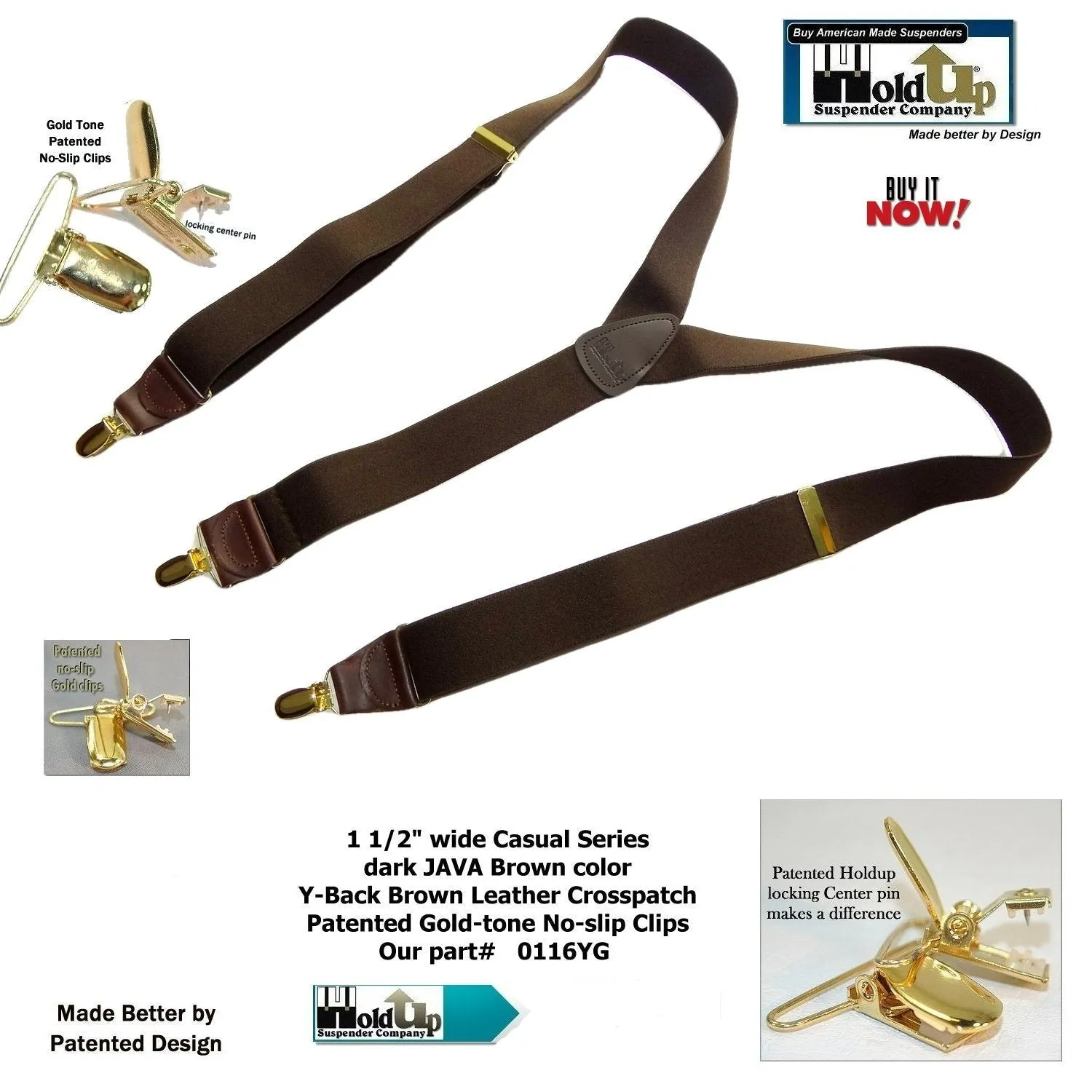 Dark Java Brown Casual Series Holdup Y-back Suspenders with Patented No-slip Gold-tone Clips
