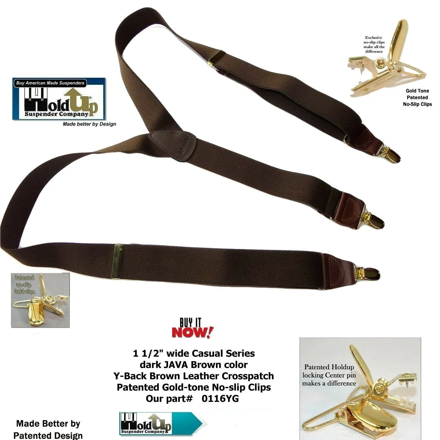 Dark Java Brown Casual Series Holdup Y-back Suspenders with Patented No-slip Gold-tone Clips