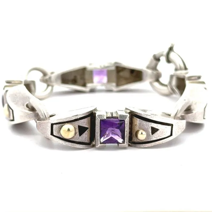 Estate John Atencio Amethyst Bar Link Bracelet in Sterling Silver and 18K Yellow Gold