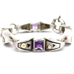 Estate John Atencio Amethyst Bar Link Bracelet in Sterling Silver and 18K Yellow Gold
