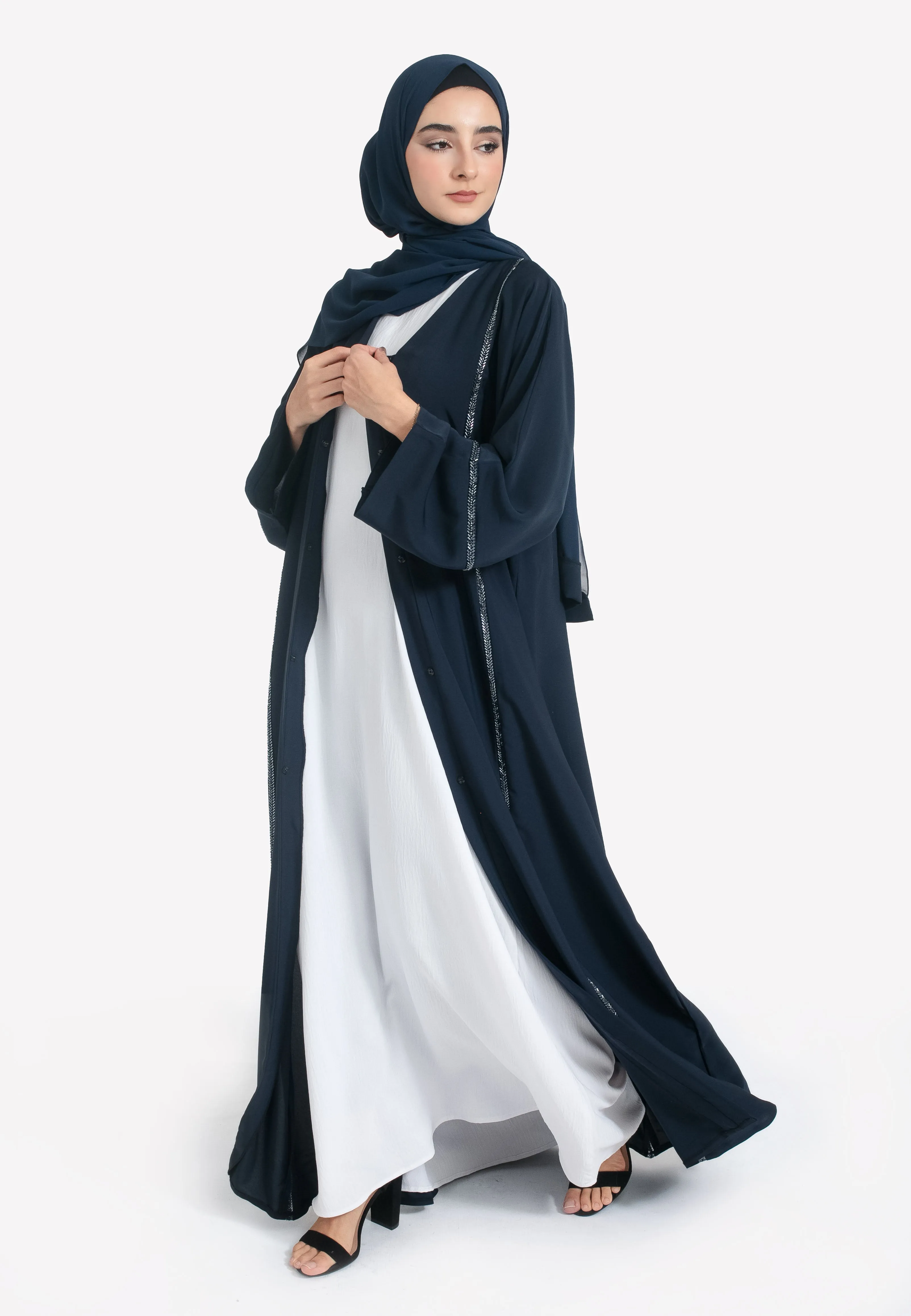 Everyday Navy Embellished Open Abaya