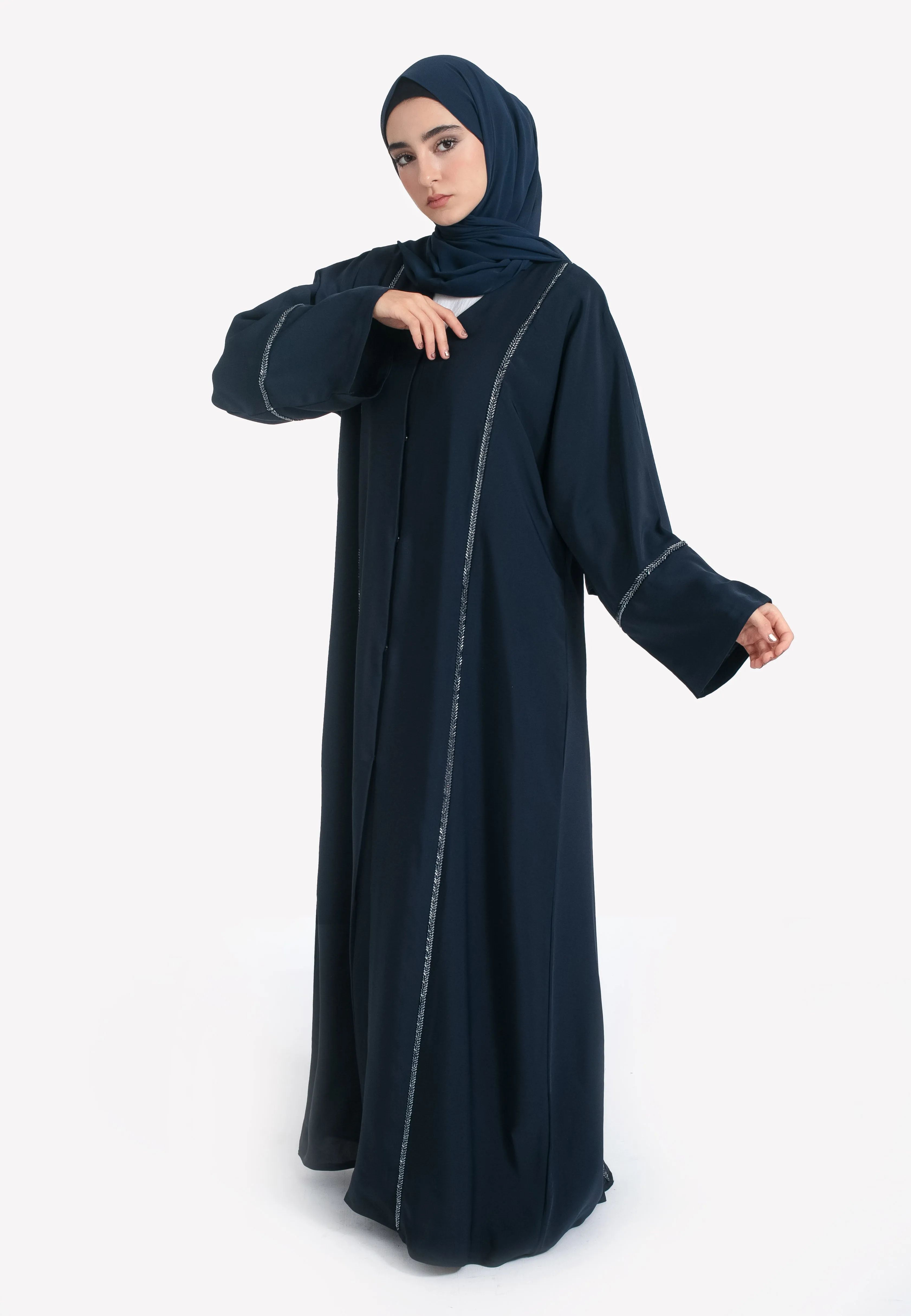 Everyday Navy Embellished Open Abaya