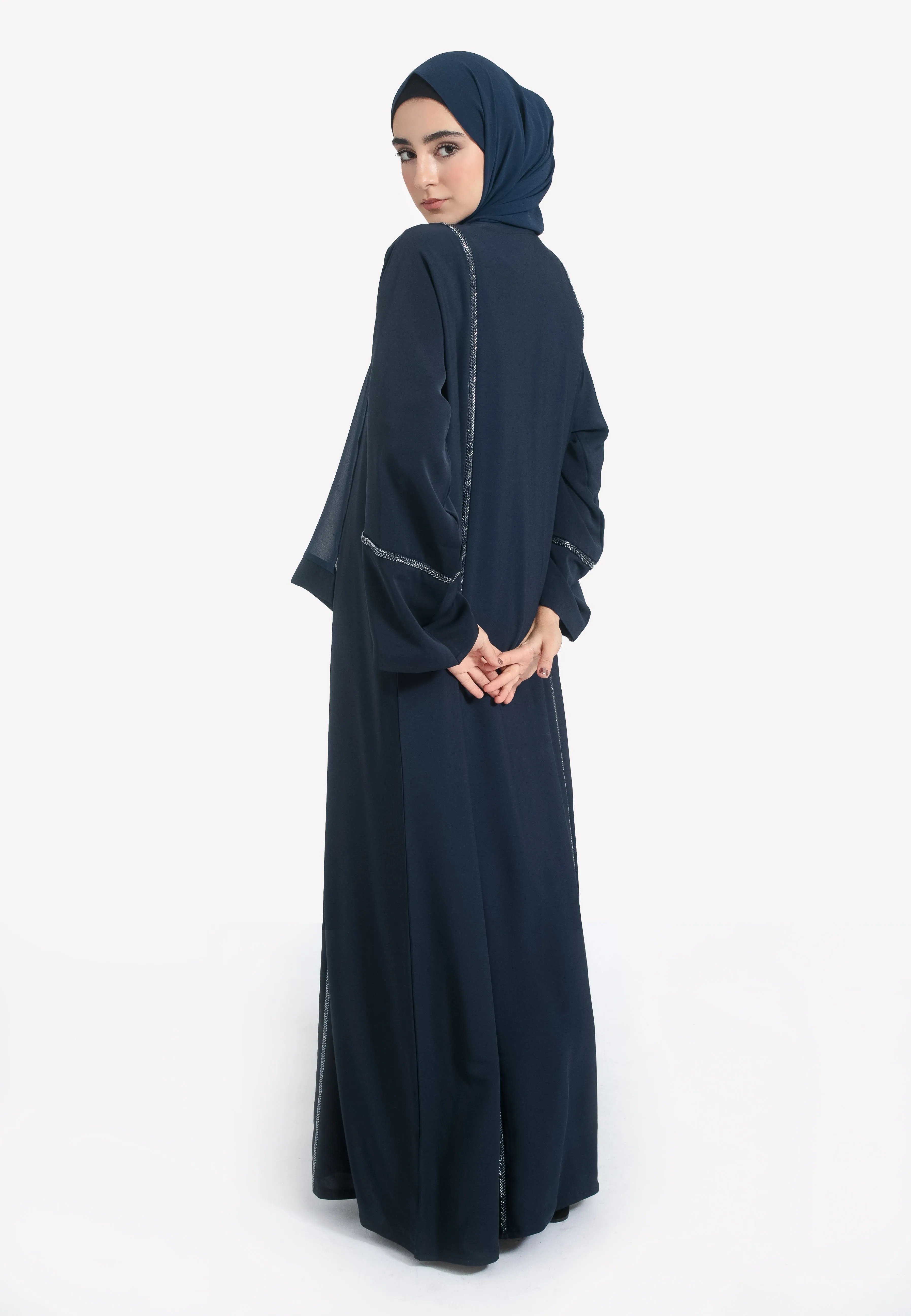 Everyday Navy Embellished Open Abaya