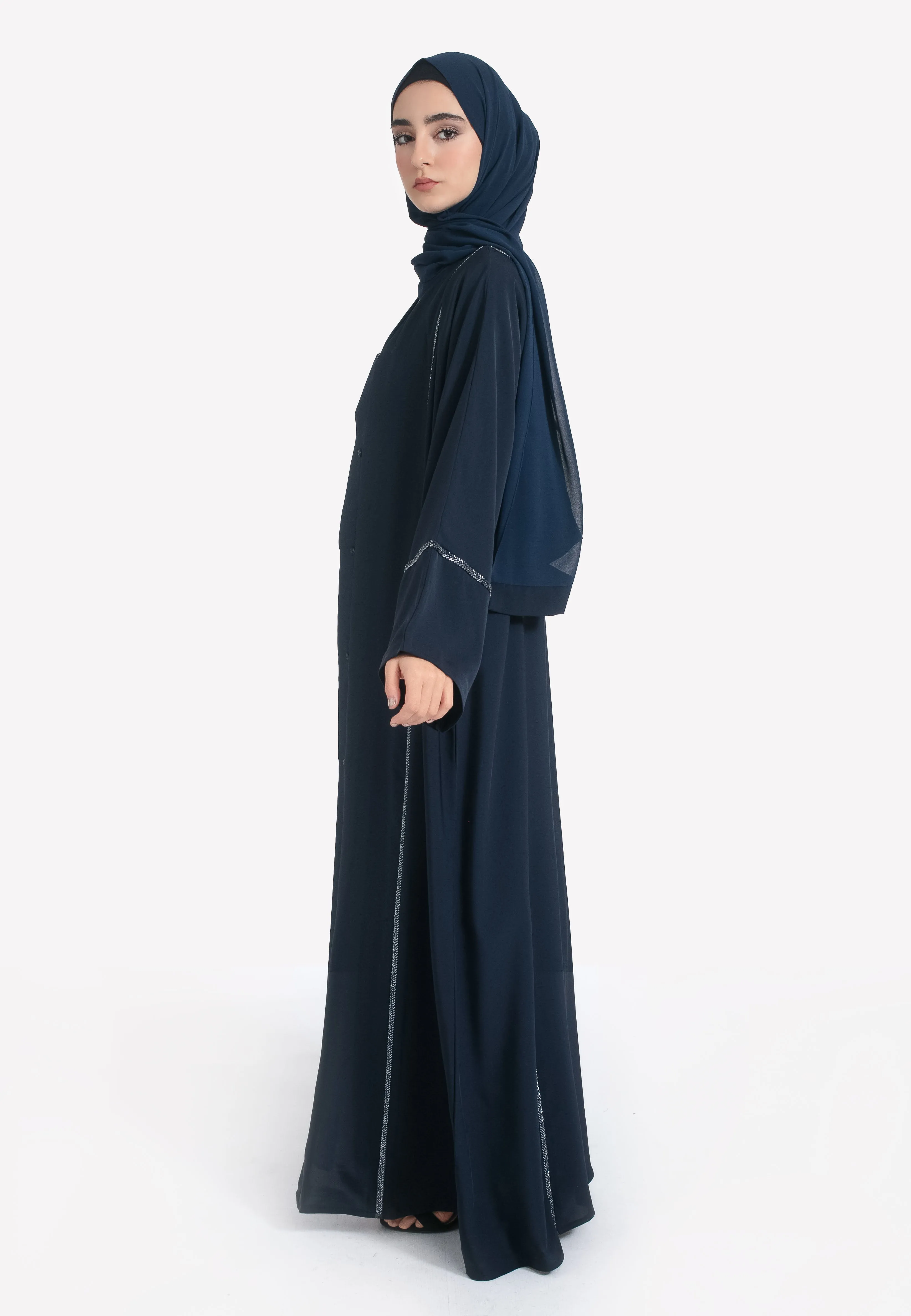 Everyday Navy Embellished Open Abaya