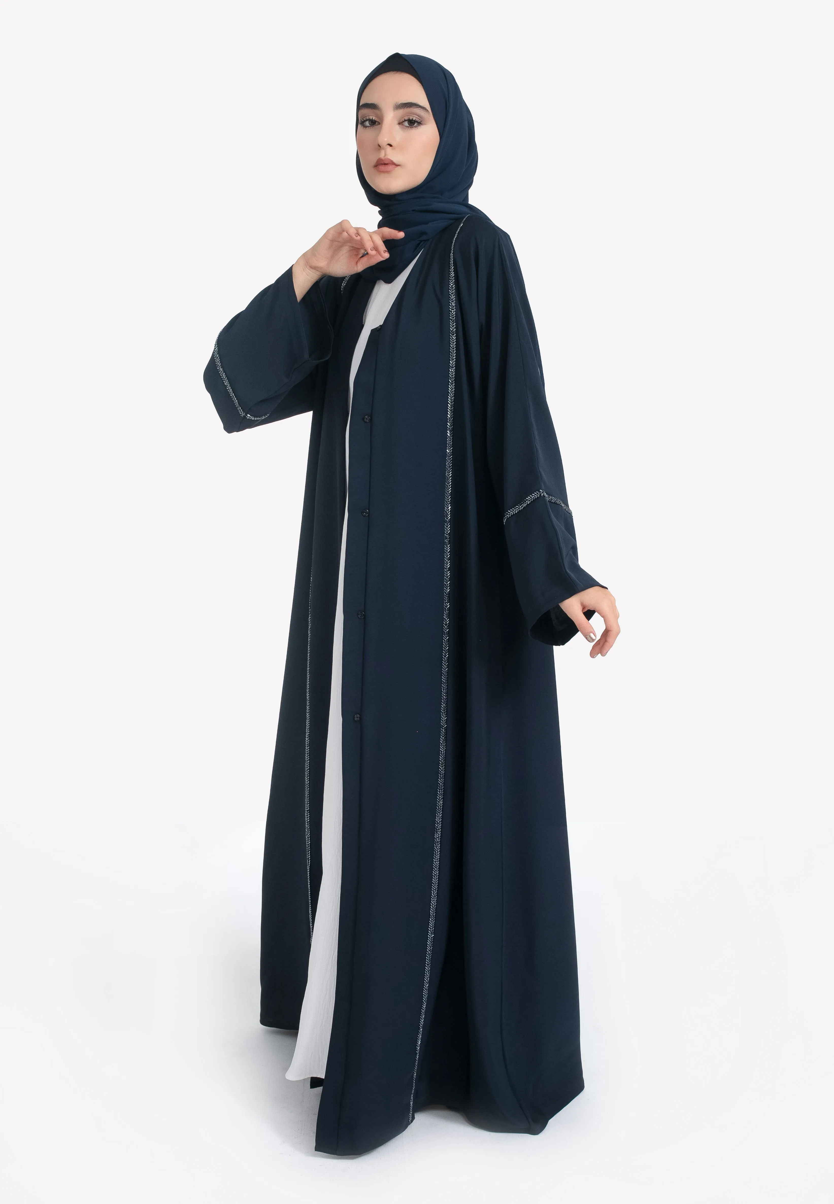 Everyday Navy Embellished Open Abaya