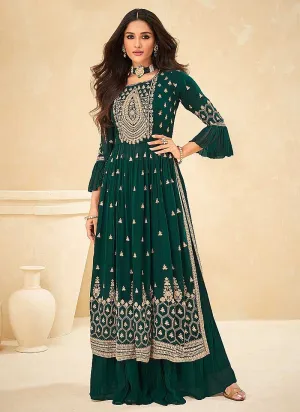 Green and Gold Embroidered Stylish Sharara Suit