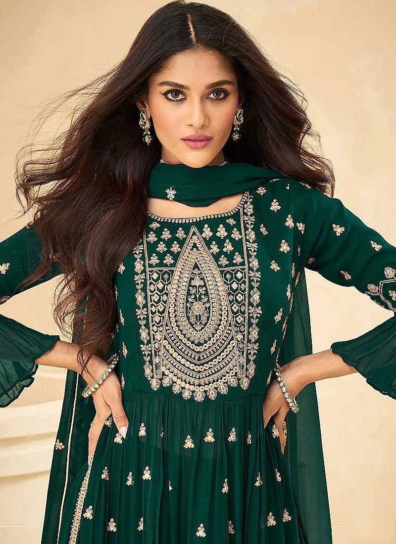 Green and Gold Embroidered Stylish Sharara Suit