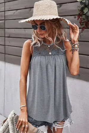 Grey Crew Neck Lace Solid Loose Fit Top