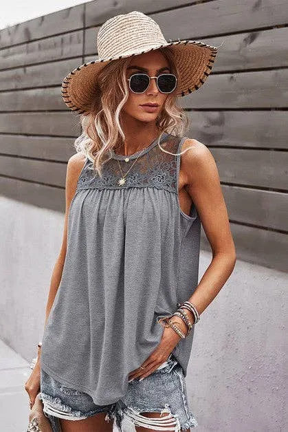 Grey Crew Neck Lace Solid Loose Fit Top