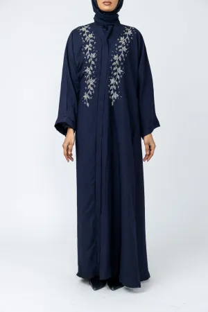 Hand Embellished Crepe Abaya - Navy