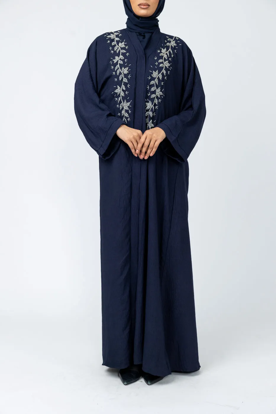 Hand Embellished Crepe Abaya - Navy