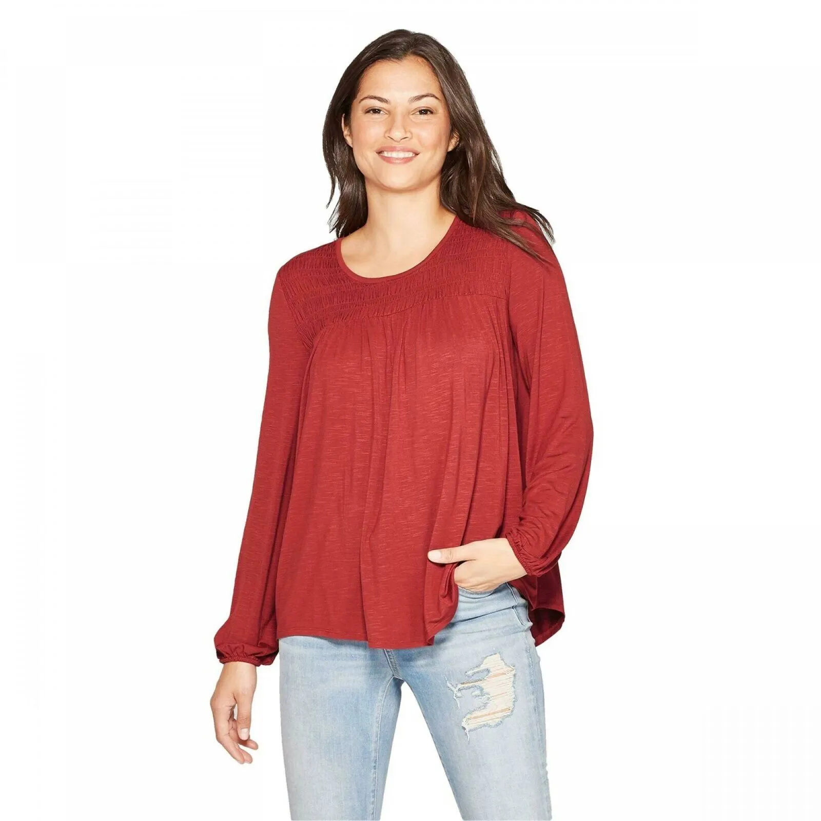 Knox Rose Women's Long Sleeve Crewneck Shirred Blouse