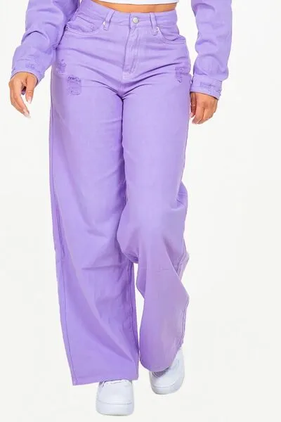 Lavender High Waist Distressed Wide Leg Jeans