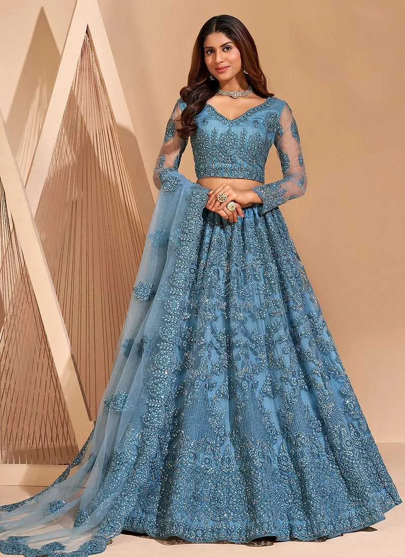 Light Blue Floral Embroidered Stylish Lehenga Choli