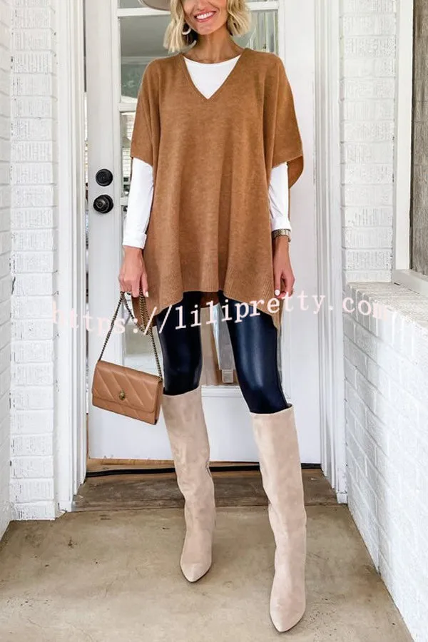 Lilipretty Fashion Comfortable and Versatile Knit Loose Poncho V Neck Sweater