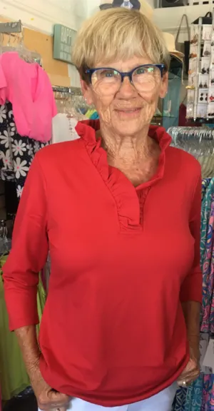 LuluB 3/4 Sleeve Ruffle Neck Shirt with UPF 50  and a Coolant in the Fabric