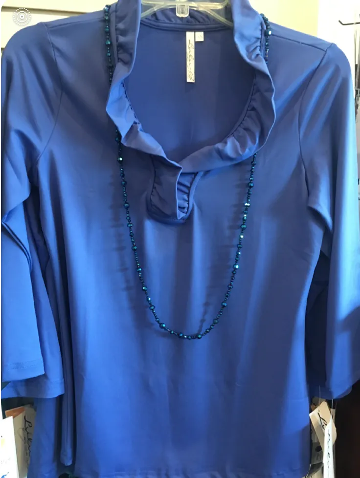 LuluB 3/4 Sleeve Ruffle Neck Shirt with UPF 50  and a Coolant in the Fabric