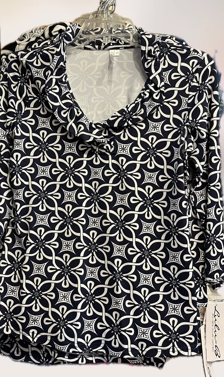 LuluB 3/4 Sleeve Ruffle Neck Shirt with UPF 50  and a Coolant in the Fabric