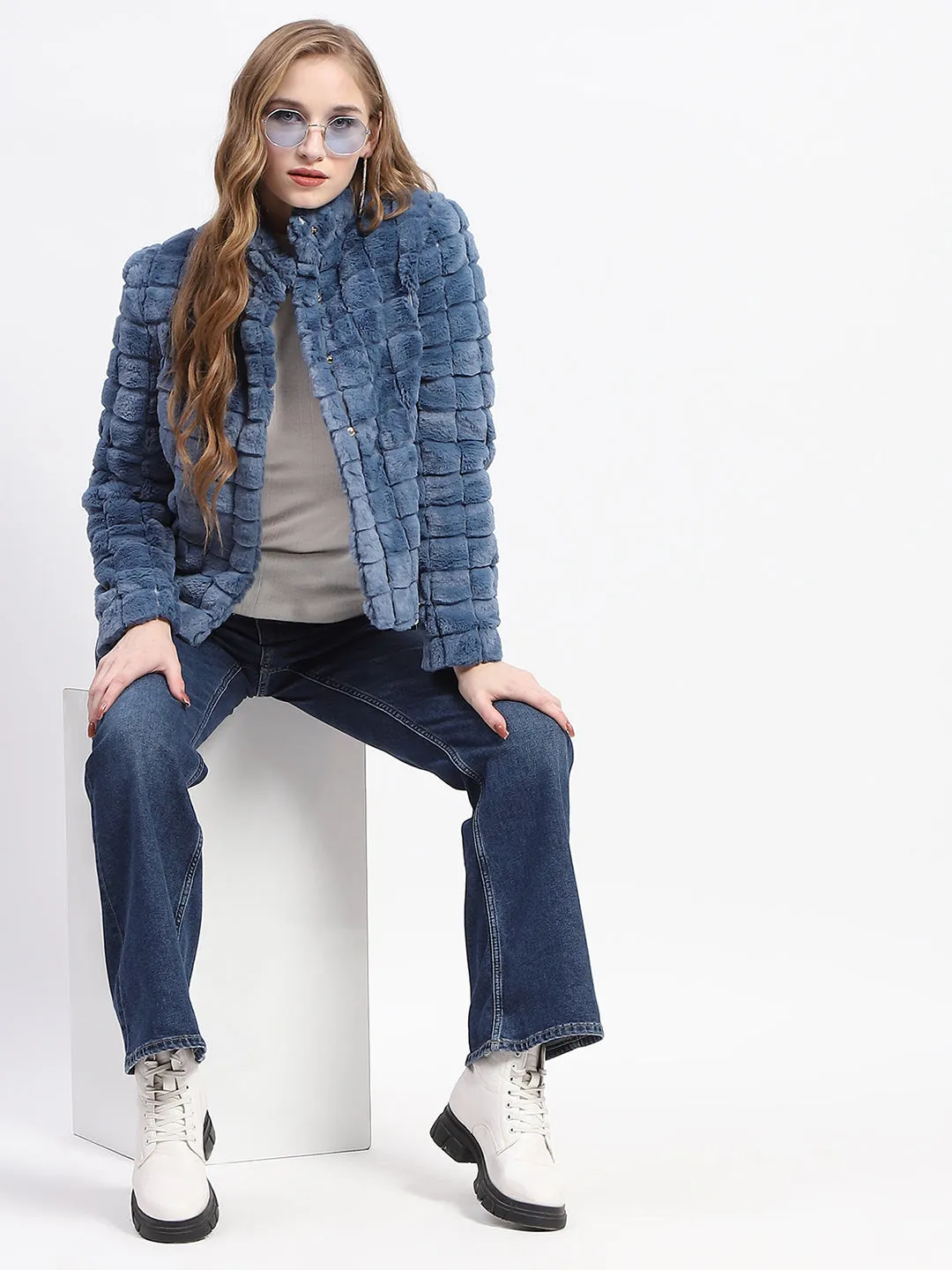 Madame Blue Mock Neck Fur Collar Short Coat