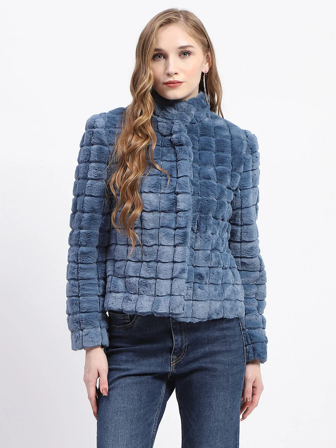 Madame Blue Mock Neck Fur Collar Short Coat