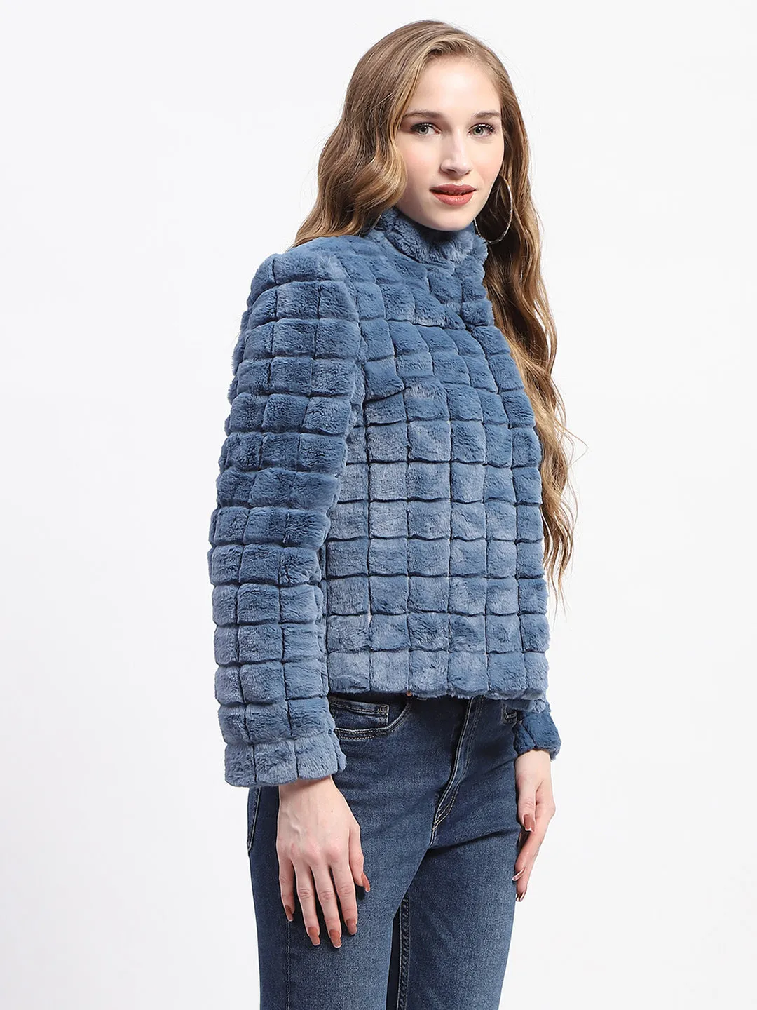 Madame Blue Mock Neck Fur Collar Short Coat