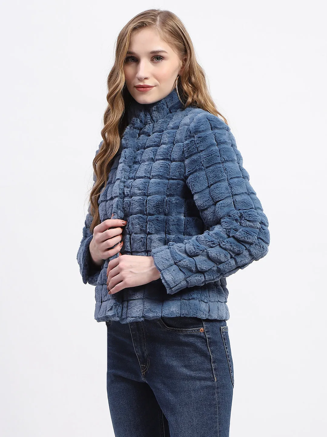 Madame Blue Mock Neck Fur Collar Short Coat