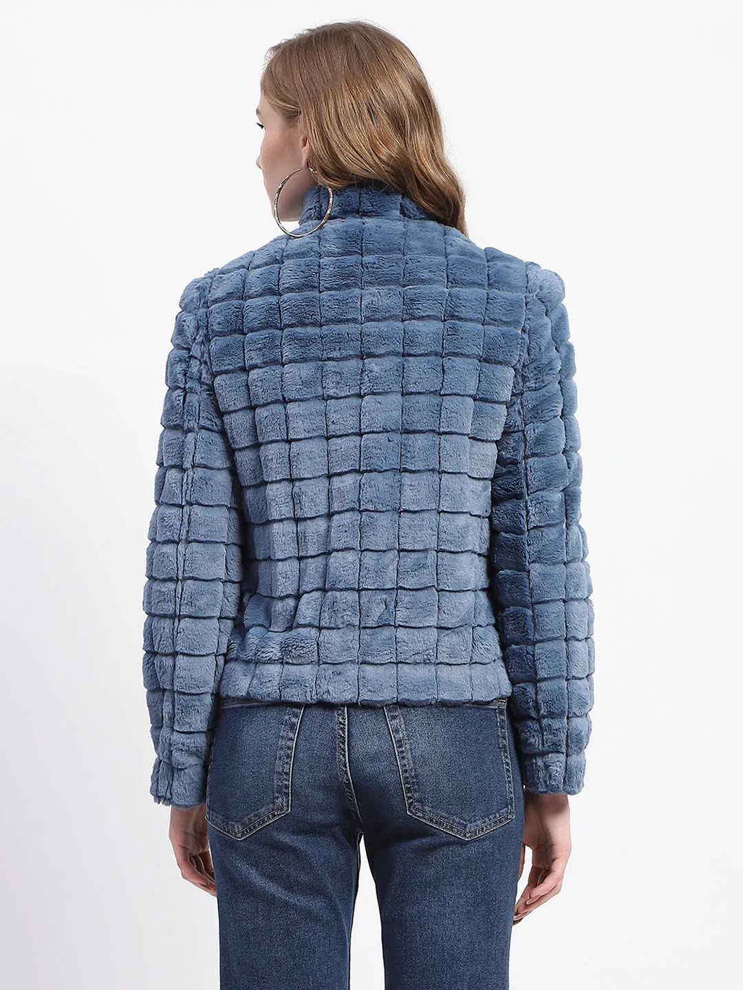 Madame Blue Mock Neck Fur Collar Short Coat