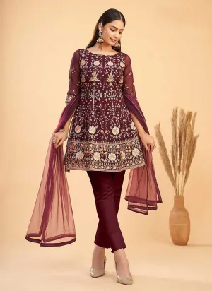 Maroon and Gold Floral Embroidered Stylish Pant Suit