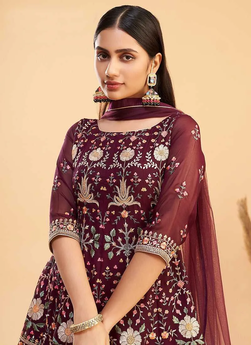Maroon and Gold Floral Embroidered Stylish Pant Suit