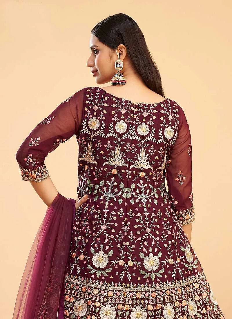 Maroon and Gold Floral Embroidered Stylish Pant Suit