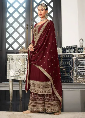 Maroon and Gold Heavy Embroidered Stylish Palazzo Suit