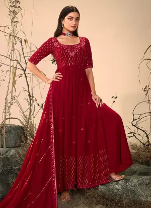Maroon Red Embroidered Stylish Palazzo Suit