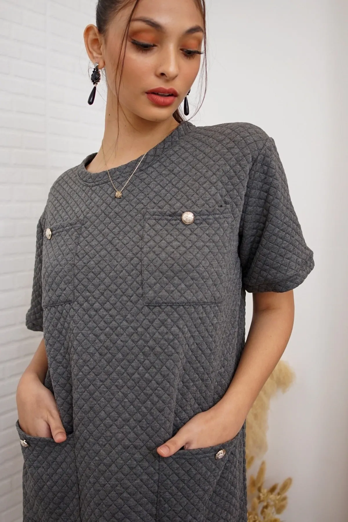 MCKENNA Diamond-Quilt Pocket Dress (Charcoal Gray)