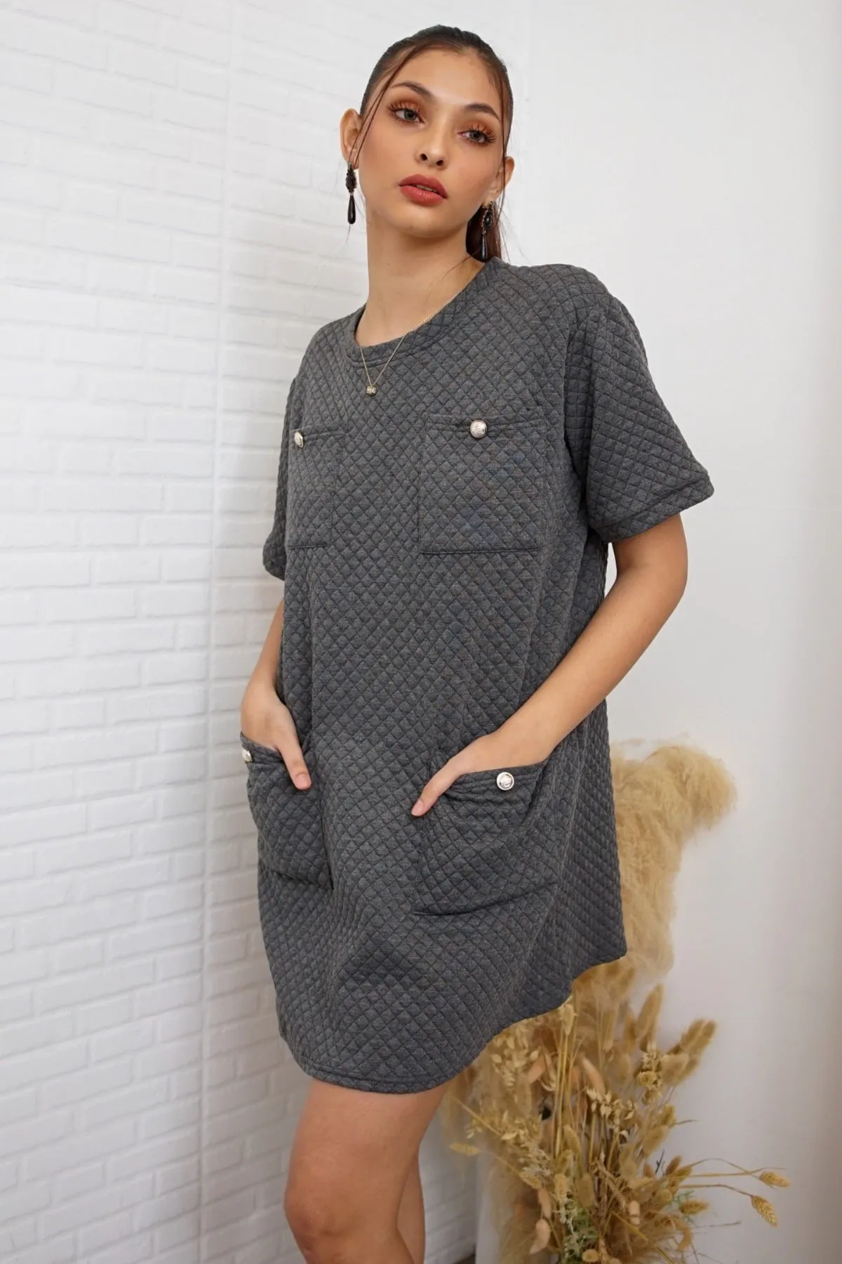 MCKENNA Diamond-Quilt Pocket Dress (Charcoal Gray)