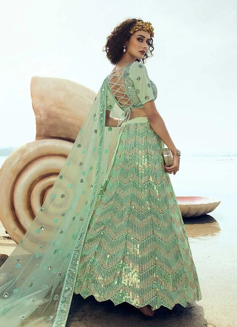 Mint Green Sequins Embroidered Stylish Lehenga Choli