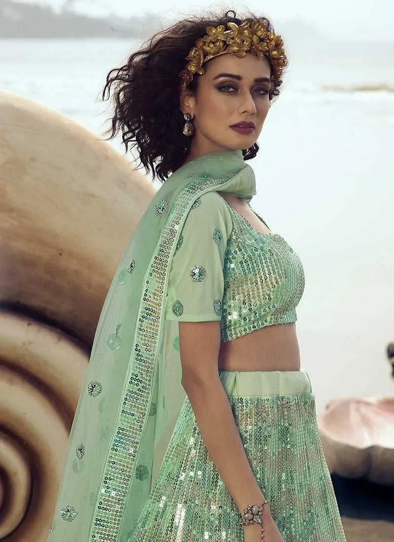 Mint Green Sequins Embroidered Stylish Lehenga Choli