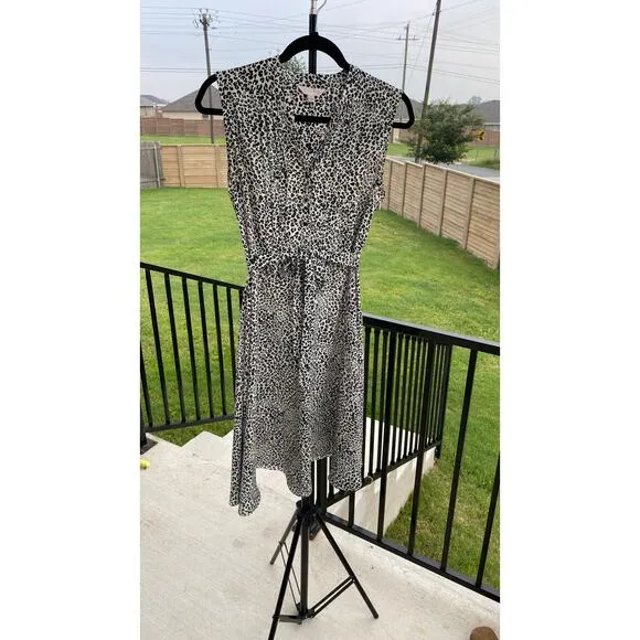NANETTE LEPORE Black/White Sleeveless Leopard Print Knee Length Shirt Dress Sz 8