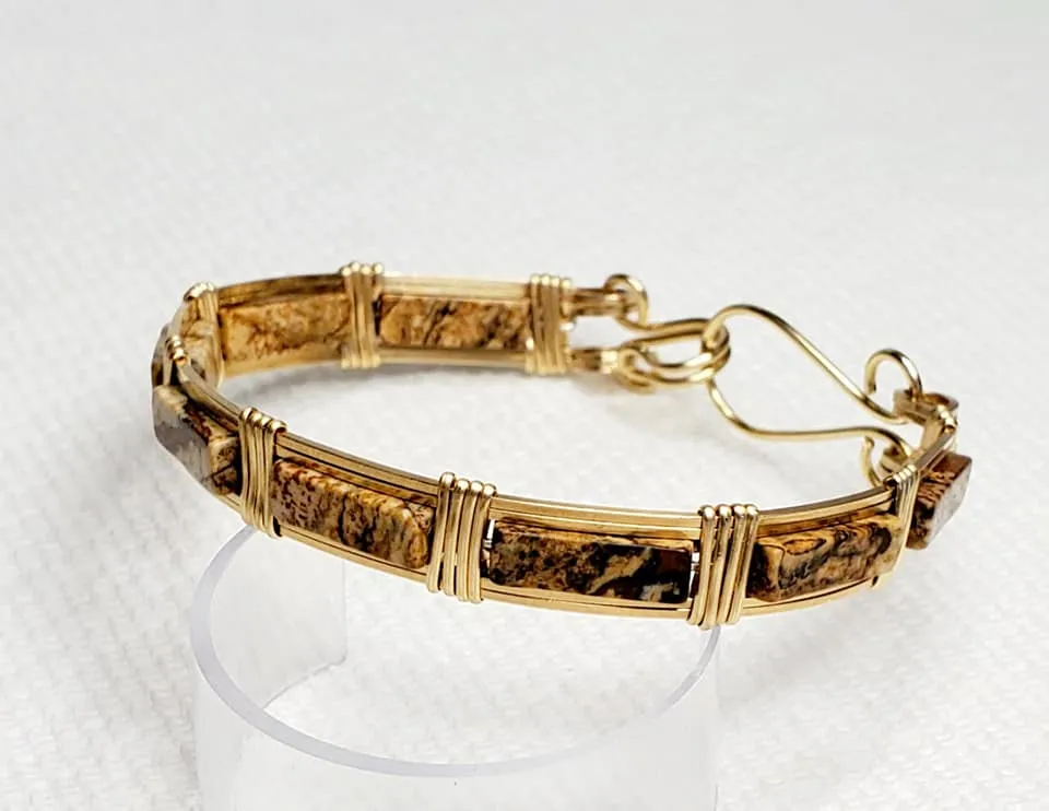 Oval Bangle Bracelet - brass wire wrapped jasper