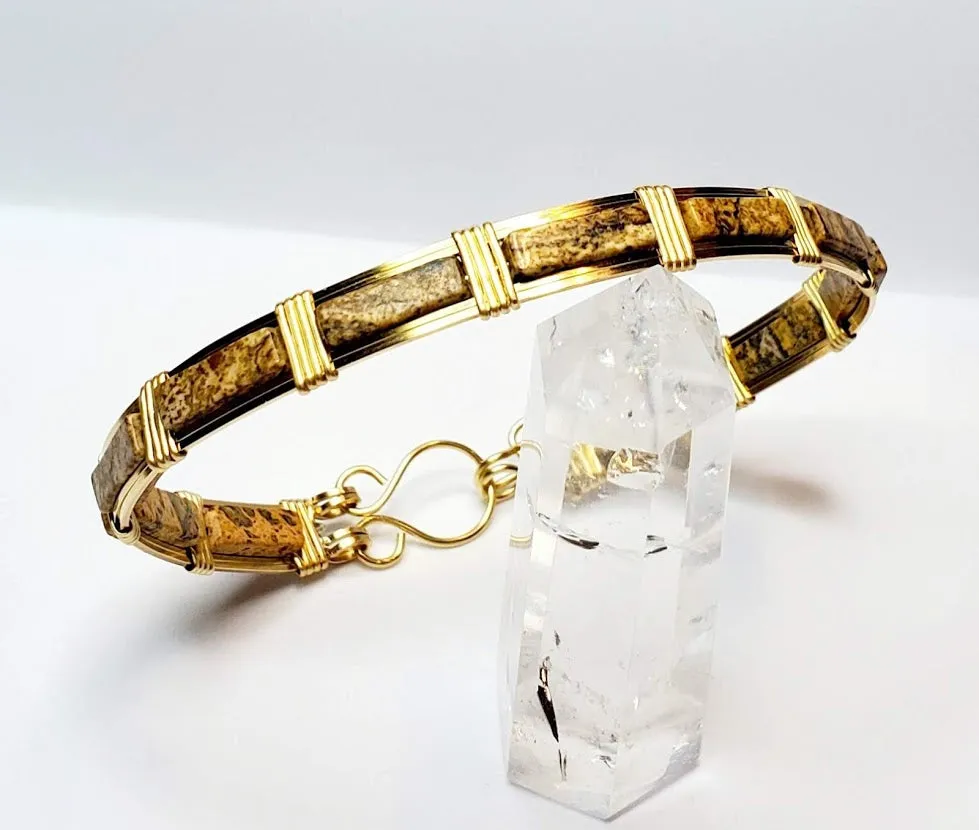 Oval Bangle Bracelet - brass wire wrapped jasper