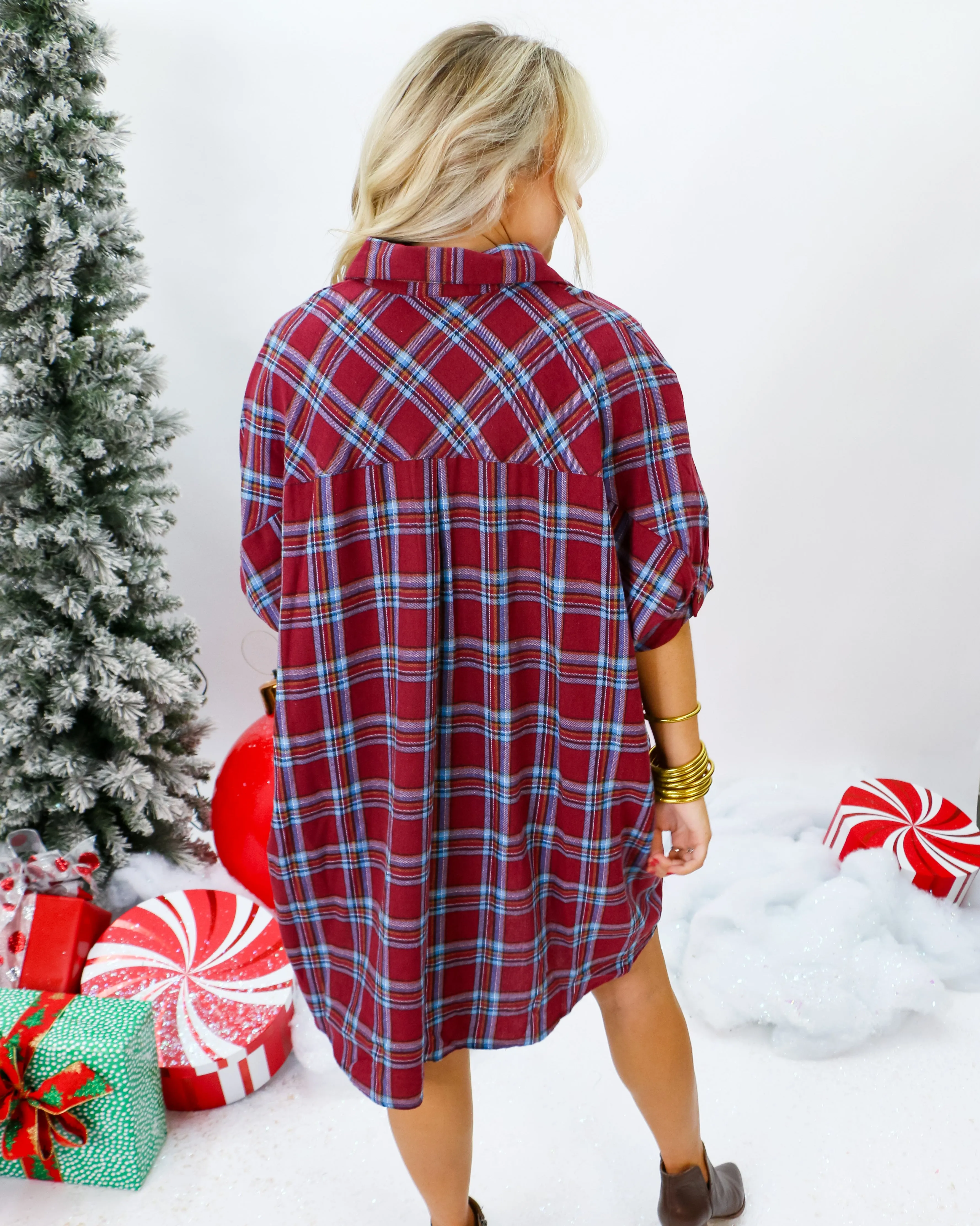 Oversized Button Down Flannel Dress in Burgundy