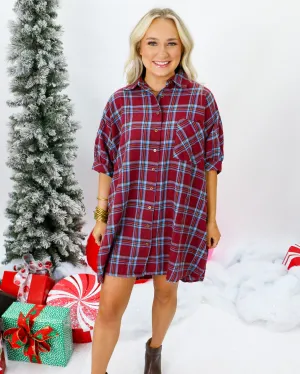Oversized Button Down Flannel Dress in Burgundy
