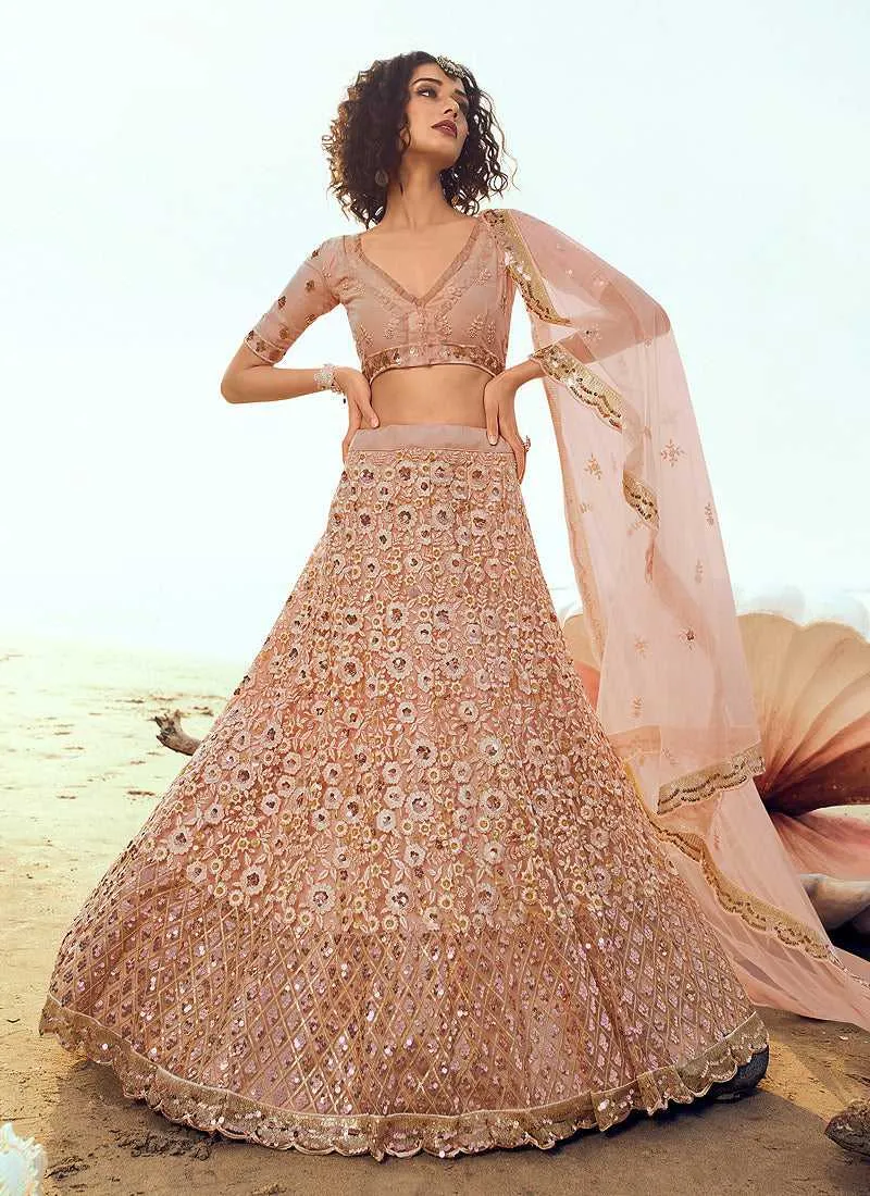 Peach Sequins Embroidered Stylish Lehenga Choli