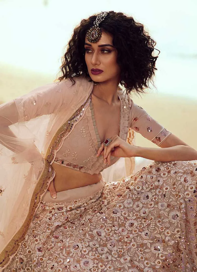 Peach Sequins Embroidered Stylish Lehenga Choli