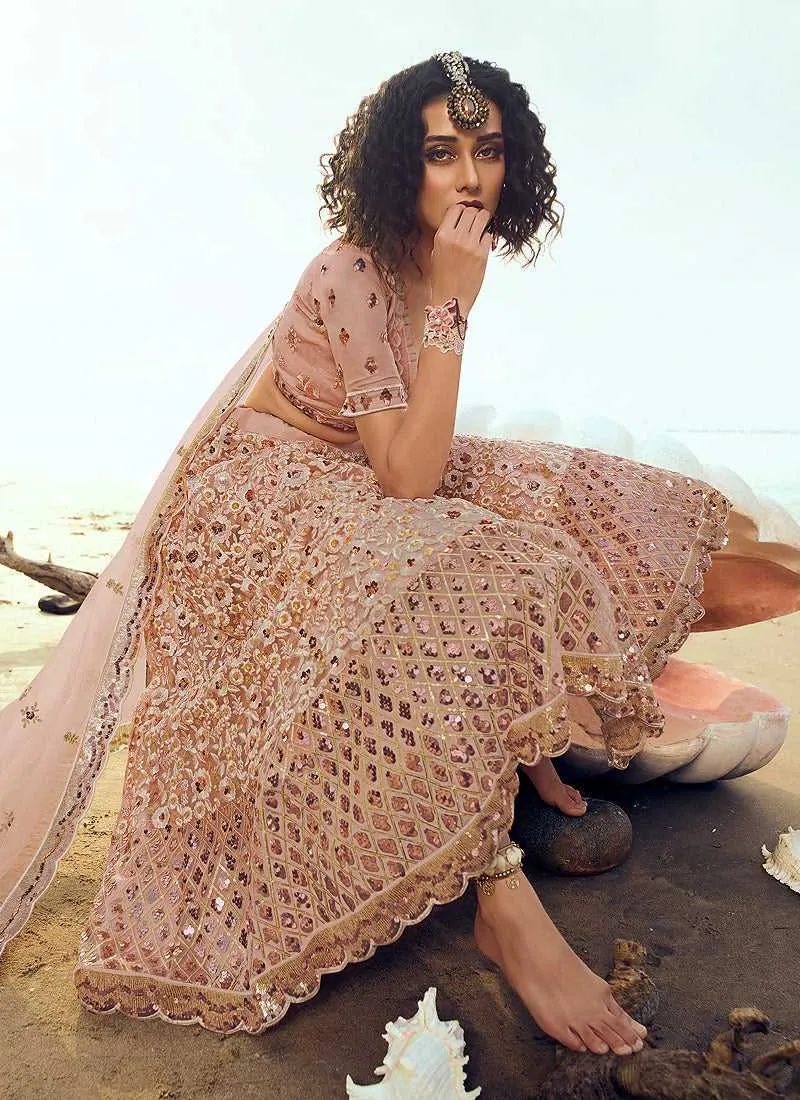 Peach Sequins Embroidered Stylish Lehenga Choli
