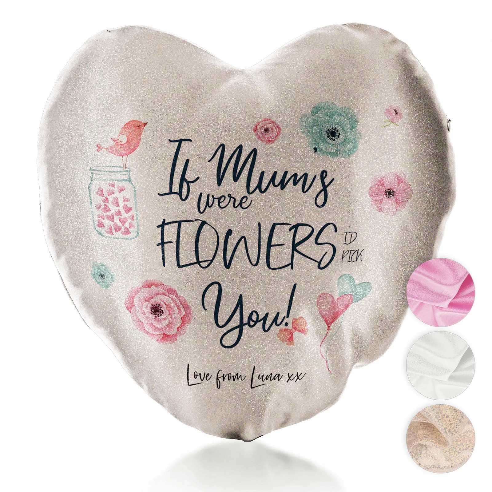 Personalised Glitter Heart Cushion with Stylish Text and Flowers Love Message