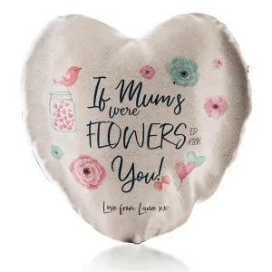Personalised Glitter Heart Cushion with Stylish Text and Flowers Love Message