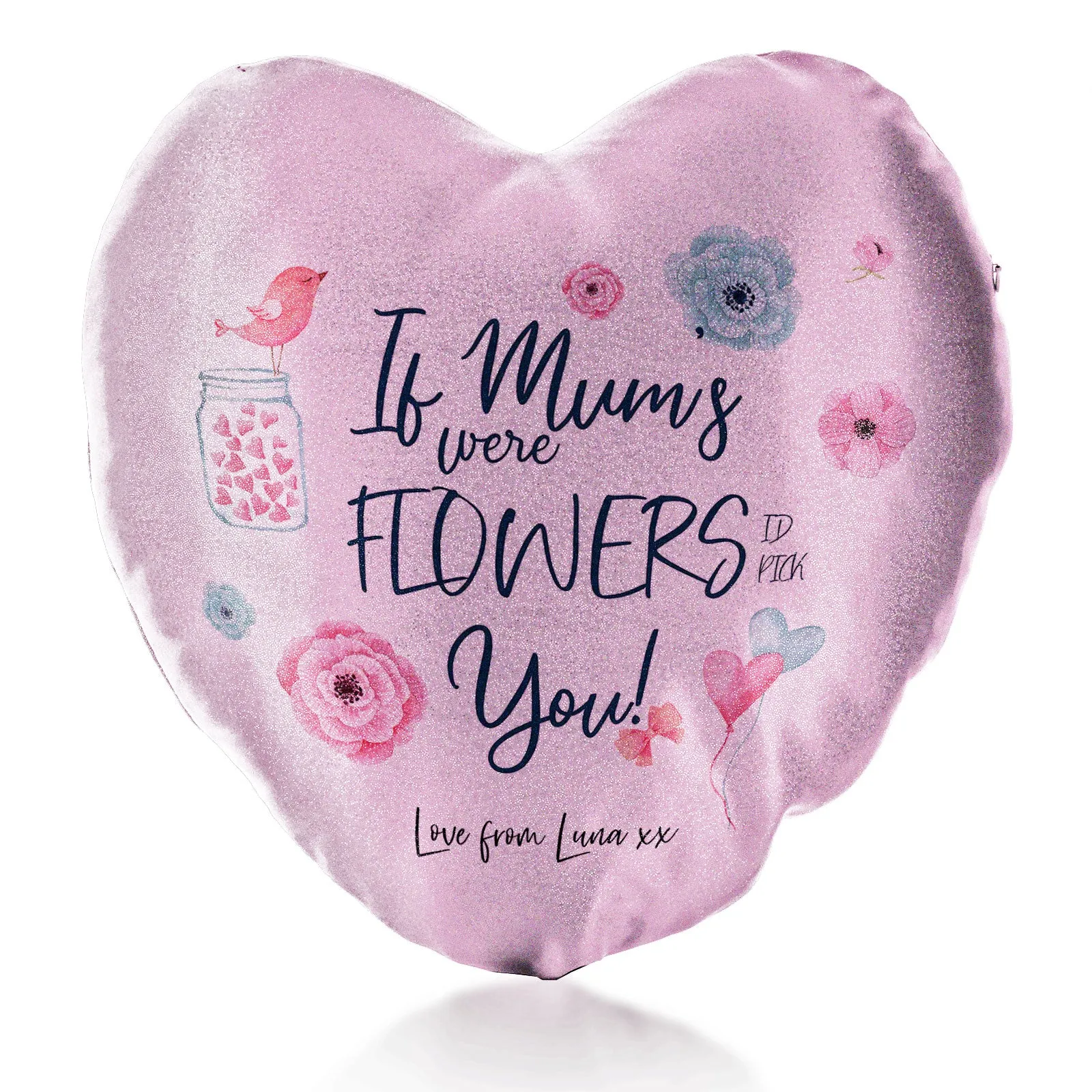 Personalised Glitter Heart Cushion with Stylish Text and Flowers Love Message