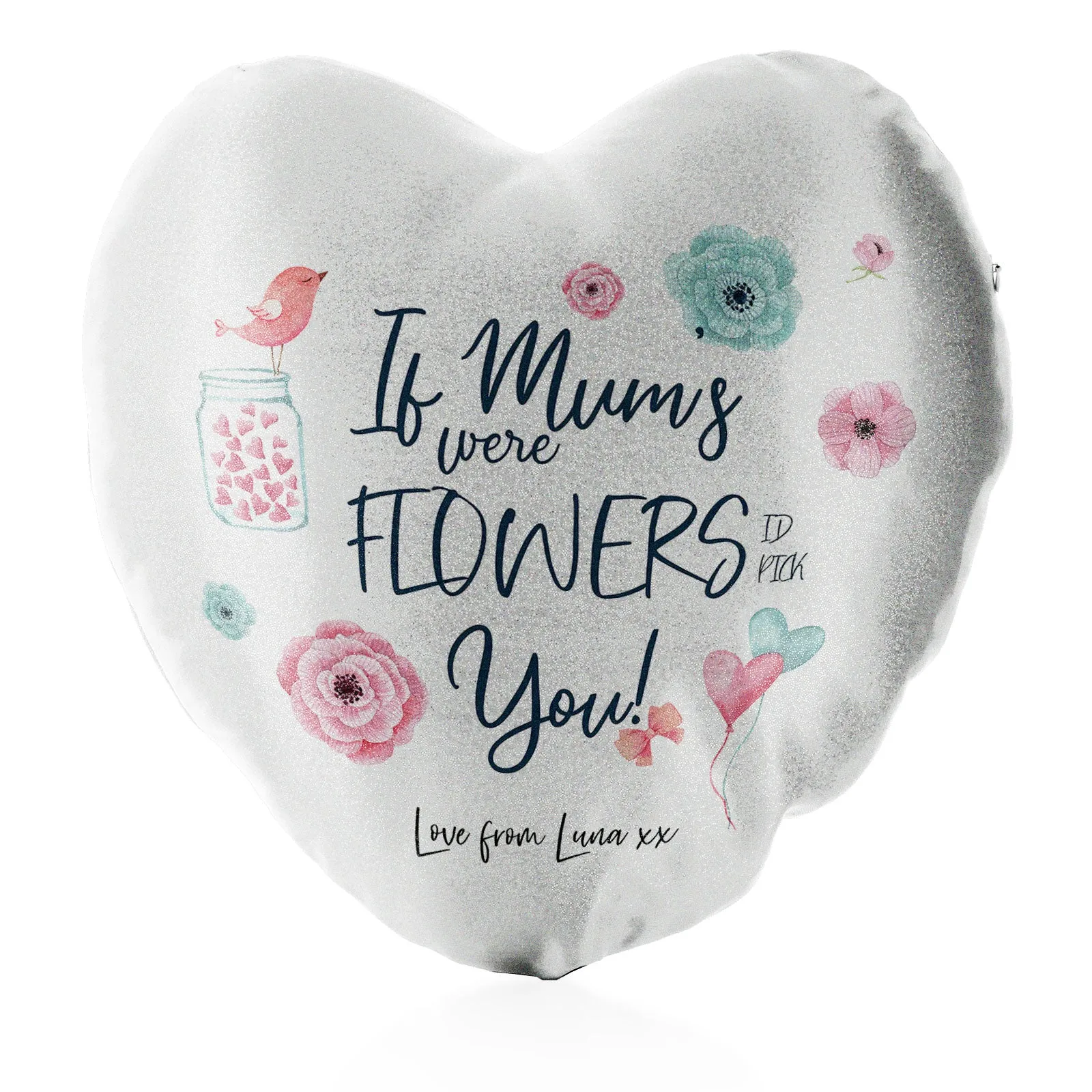 Personalised Glitter Heart Cushion with Stylish Text and Flowers Love Message